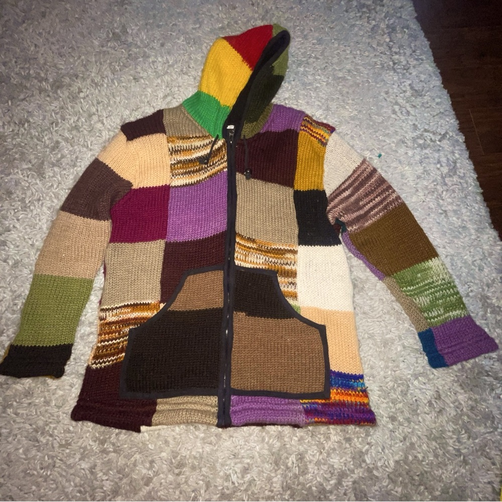 Wool Patchwork VTG Zip Up Hoodie Made in Nepal Hippie Y2k Sz XL
